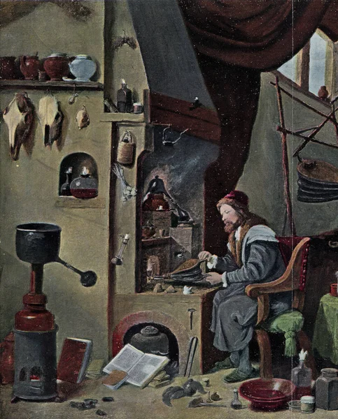 Ett Alkemistlaboratorium 1600 Talet Vintage Graverad Illustration Från Universum Och — Stockfoto