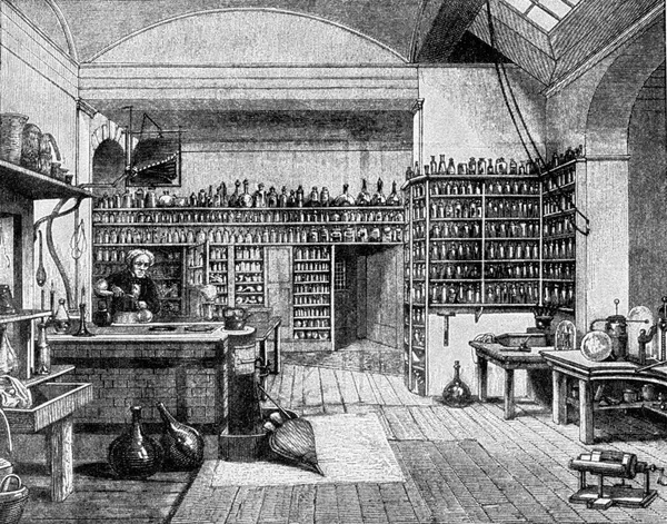 Faraday Londoni Royal Institution Laboratóriumában Vintage Vésett Illusztráció Univerzumból Emberiségből — Stock Fotó