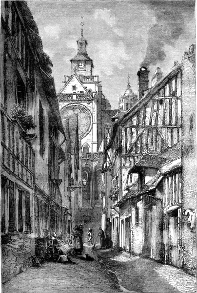 塞巴斯岛街和Gisors的教区教堂 古老的雕刻插图 Magasin Pittoresque 1878 — 图库照片