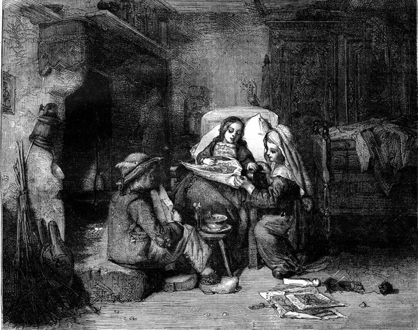 小卫兵生病了 吉拉尔代特的画 古老的雕刻插图 Magasin Pittoresque 1878 — 图库照片