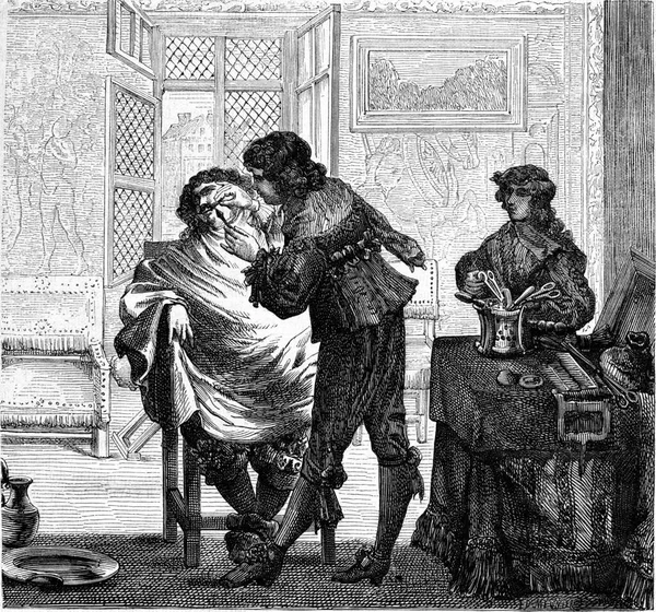 Barber Shop Seventeenth Century Vintage Engraved Illustration Magasin Pittoresque 1878 — Stock Photo, Image