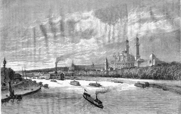다리에서 수있는 로카데로 궁전은 고풍스럽게 조각된 그림이다 Pittoresque 1878 — 스톡 사진