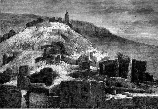 阿拉伯城市卡拉的废墟 古老的雕刻插图 Magasin Pittoresque 1880年 — 图库照片
