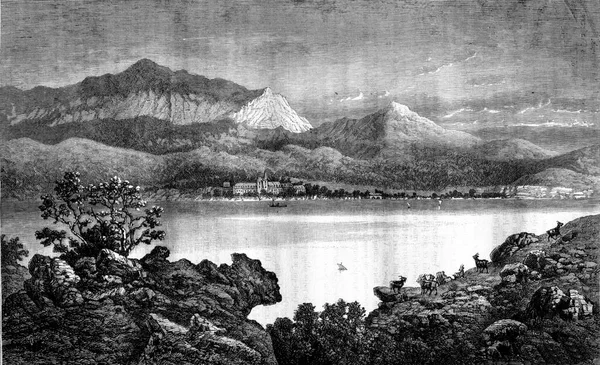 山の中の湖の白黒写真です — ストック写真