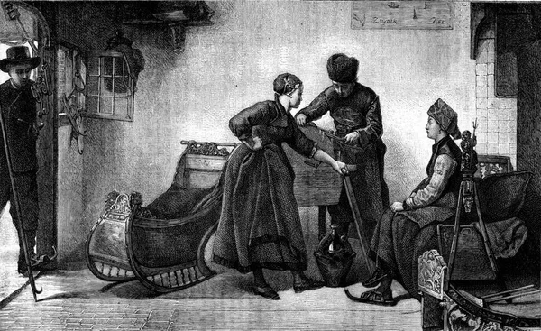 フリースラント ビショップテーブル ヴィンテージ彫刻されたイラストの冬のシーン Magasin Pittoresque 1880 — ストック写真