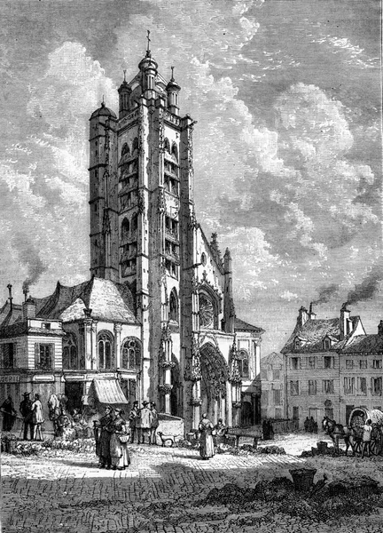 庞图瓦的圣麦克洛教堂西侧立面 雕刻着古老的插图 Magasin Pittoresque 1880年 — 图库照片