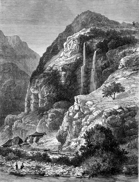 Wodospad Balme Thuy Haute Savoie Ryte Stylu Vintage Ilustracje Pittoresque — Zdjęcie stockowe