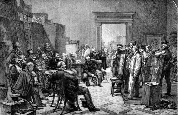 배심원들은 1878 파리에서 열리는 박람회의 탁자를 선정하여 빈티지 삽화를 놓았다 — 스톡 사진
