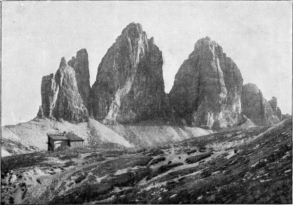 Три Вершины Доломитов Винтажная Гравированная Иллюстрация Универсальности Гуманности 1910 Год — стоковое фото