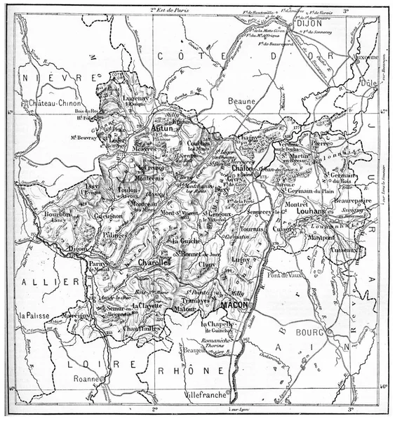 Saone Loire省地图的古老雕刻图解 词汇和事物词典 拉里夫和弗洛里 1895年 — 图库照片