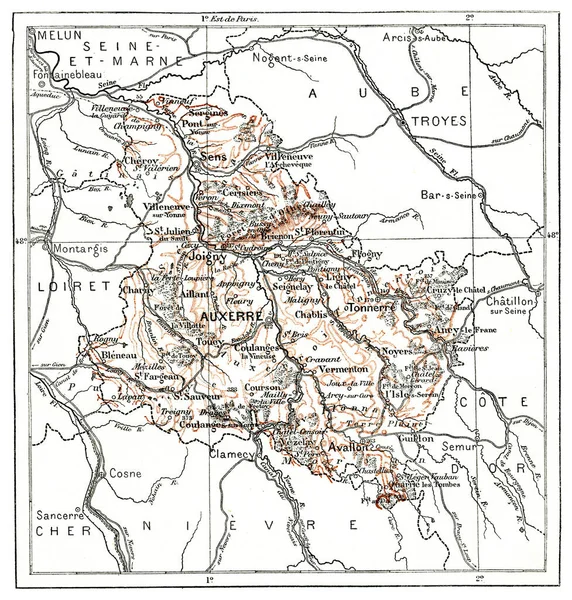 Mapa Departamento Yonne Ilustração Gravada Vintage Dicionário Palavras Coisas Larive — Fotografia de Stock