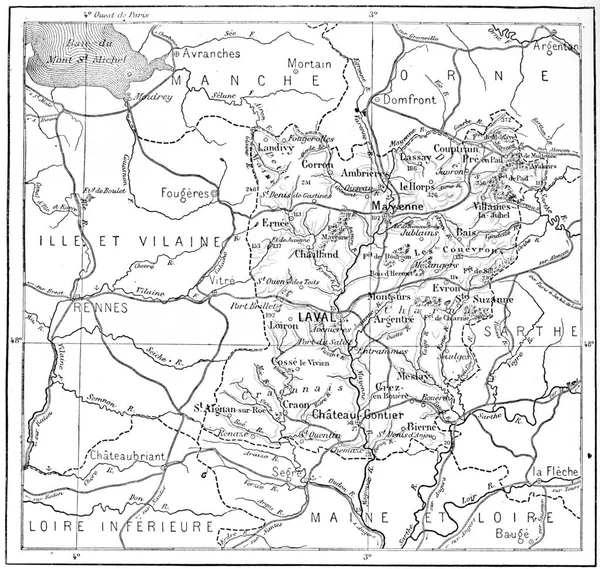 Mapa Topográfico Mayenne Pays Loire Francia Ilustración Grabada Vintage Diccionario — Foto de Stock