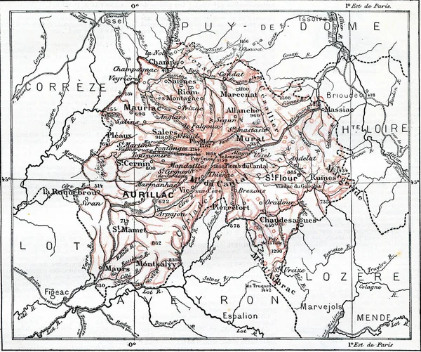 坎塔尔省地图 老式版画 词汇和事物词典 拉里夫和弗洛里 1895年 — 图库照片