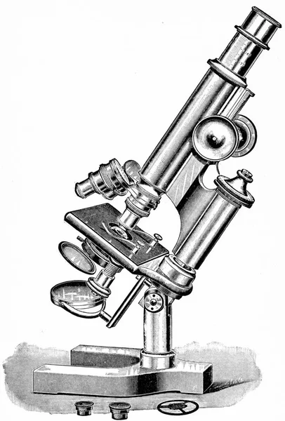 显微镜 适用于一般病理学和细菌学工作 老式雕刻图解 — 图库照片