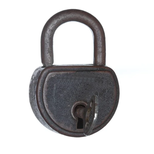 Old Lock Key Symbolic Security White Background — Stock Photo, Image