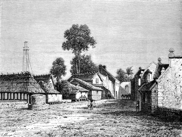 マカッサルの町 ヴィンテージの刻まれたイラスト Tour Monde Travel Journal 1872年 — ストック写真
