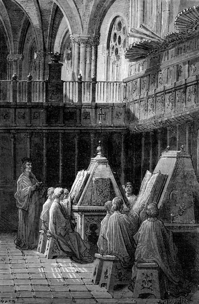 布尔戈斯大教堂的唱诗班 古老的雕刻插图 Tour Monde Travel Journal 1872 — 图库照片
