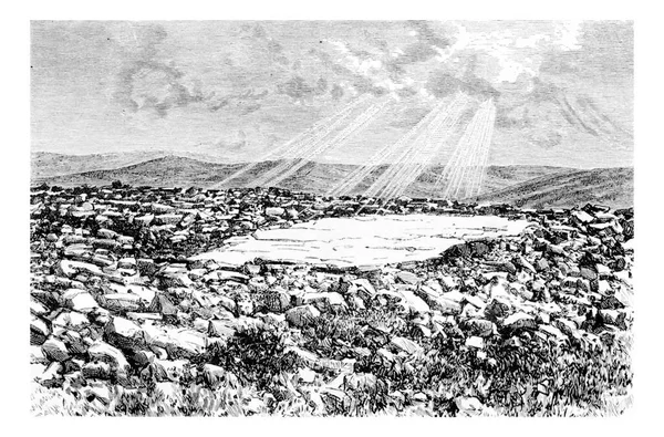 イスラエルのゲリジム山の寺院のサイトは ヴィンテージの刻まれたイラスト Tour Monde Travel Journal 1881年 — ストック写真
