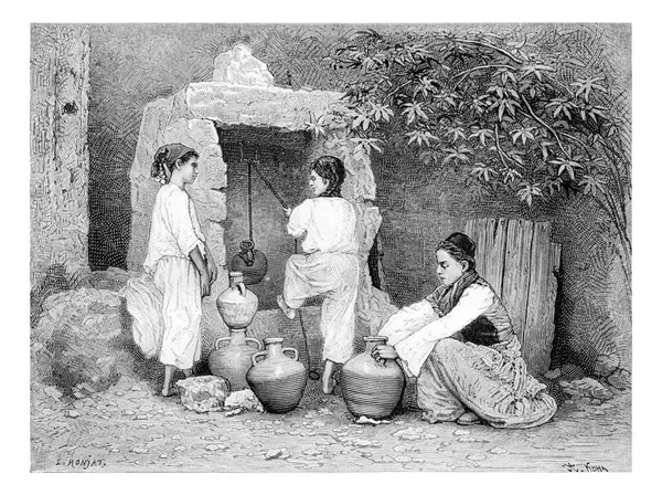 Arab Girls Drawing Water Well Acre Israel Vintage Gegraveerde Illustratie — Stockfoto