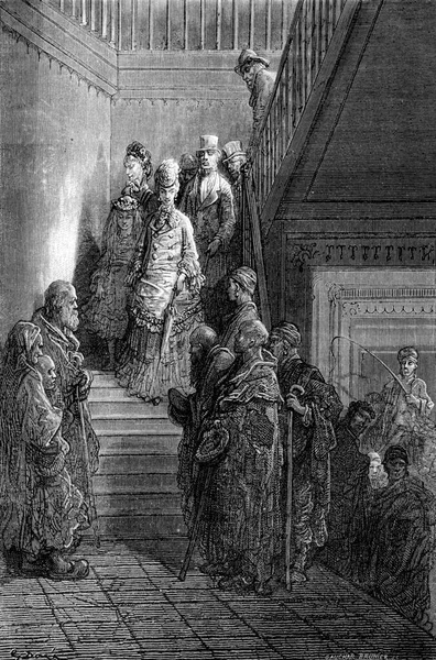 フォンダの階段で乞食 ヴィンテージの刻まれたイラスト Tour Monde Travel Journal 1872年 — ストック写真