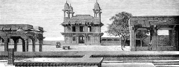 Diwan Khasと裁判所パチシFatehpur Sikri ヴィンテージ彫刻イラストに Tour Monde Travel Journal 1872年 — ストック写真