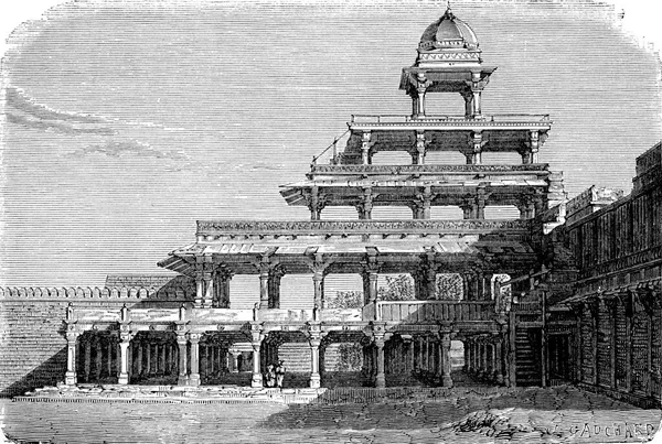 在Fatehpur Sikri的Panch Mahal 古老的雕刻插图 Tour Monde Travel Journal 1872 — 图库照片