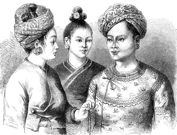 Король Мунг Две Жены Винтажные Гравированные Иллюстрации Tour Monde Travel — стоковое фото