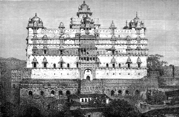 Дворец Бир Сингх Део Даттии Винтажная Гравированная Иллюстрация Tour Monde — стоковое фото