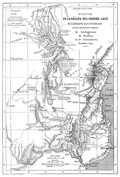 五大湖地域 アフリカの等質 ヴィンテージ彫刻のイラストの Tour Monde Travel Journal 1872年 — ストック写真