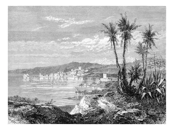 在黎巴嫩的西顿市 从叙利亚南部沿地中海海岸看去 是一幅古老的版画 Tour Monde Travel Journal 1881 — 图库照片