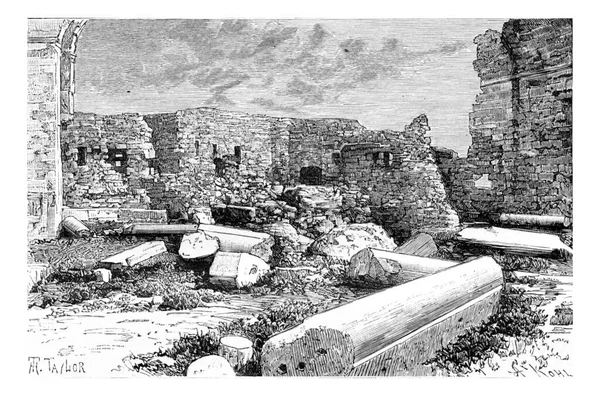 Rosa Syenit Kolumner Korsfararkatedralen Ruiner Däck Libanon Vintage Graverad Illustration — Stockfoto