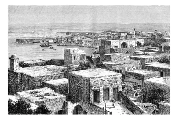 レバノンのタイヤ港北部では ヴィンテージの彫刻されたイラスト Tour Monde Travel Journal 1881年 — ストック写真