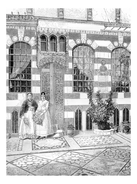 Dos Mujeres Una Casa Acre Israel Ilustración Grabada Vintage Tour — Foto de Stock