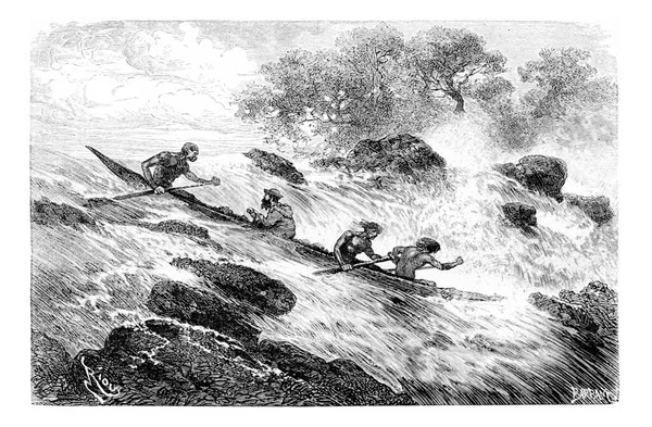 Navigating Rapids Oiapoque Brazil Drawing Riou Sketch Crevaux Vintage Engraved — Stock Photo, Image