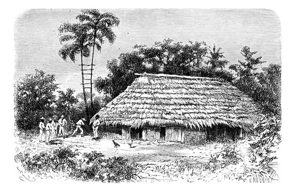 ブラジルのアマゾナス州のクエンビの町で典型的なドウリングは 写真からリウによって描かれ ヴィンテージの刻まれたイラスト Tour Monde Travel Journal 1881年 — ストック写真