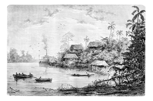 Vue Ville Cuembi Long Rivière Ica Amazonas Brésil Dessin Riou — Photo