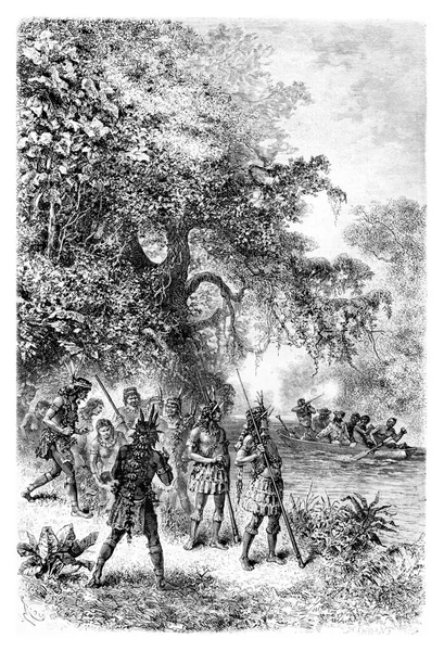 Arrival Boat Village Coreguaje Amazonas Brazil Drawing Riou Photograph Vintage — Stock Photo, Image