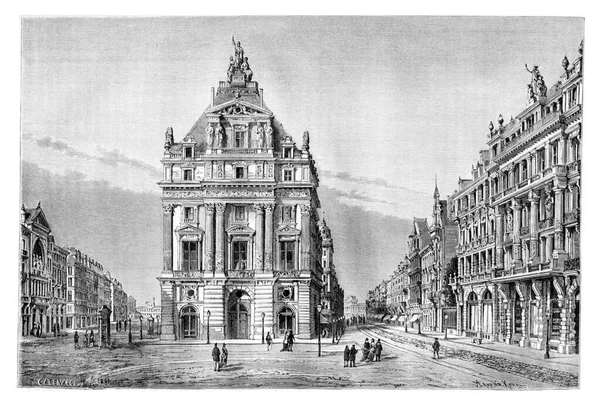 ベルギーのブリュッセルにある北と南の大通りと場所 ブルッケールでは レヴィの写真やヴィンテージのイラストをもとにカテナッチの絵が描かれています Tour Monde Travel Journal 1881年 — ストック写真