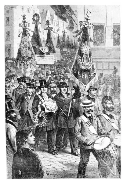 ベルギーのブリュッセルで開催されたパレードでは Verdyen氏によるヴィンテージイラストが描かれました Tour Monde Travel Journal 1881年 — ストック写真