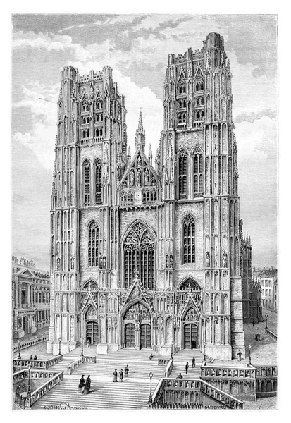 ベルギーのブリュッセルにある聖ミヒャエル大聖堂と聖グドゥラ大聖堂は カテンッチの手によるヴィンテージのイラストで描かれています Tour Monde Travel Journal 1881年 — ストック写真