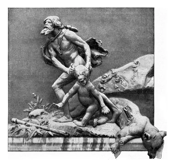 先史時代のクマ狩り ヴィンテージ刻まれたイラスト 1910年宇宙と人類から — ストック写真