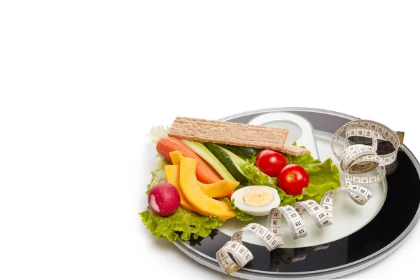 Still Life Healthy Food Scales Measuring Tape White Background Healthy — Stock Photo, Image