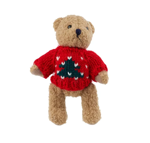 Little Cute Brown Teddy Bear Red Knitted Sweater Isolated White — Stock Photo, Image