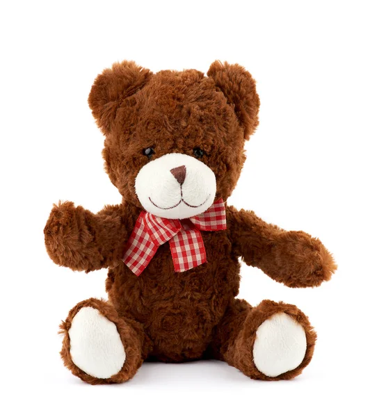 Petit Ours Peluche Brun Mignon Avec Nœud Rouge Sur Cou — Photo