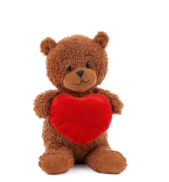 Cute Brown Teddy Bear Holding Big Red Heart Sits Isolated — Stock Photo, Image