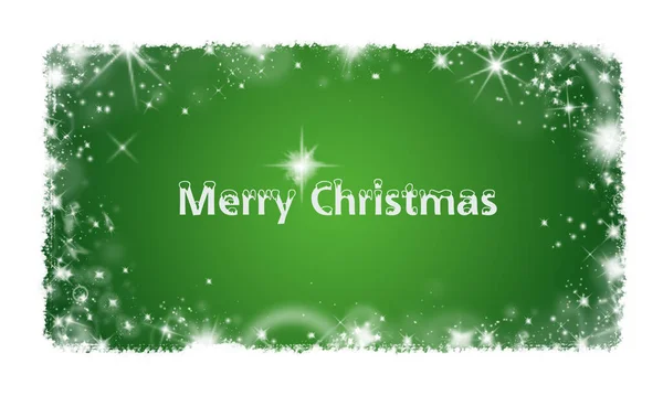 Karácsonyi Háttér Zöld Színben Fehér Hópelyhekkel Csillagokkal Boldog Karácsonyi Felirattal — Stock Fotó