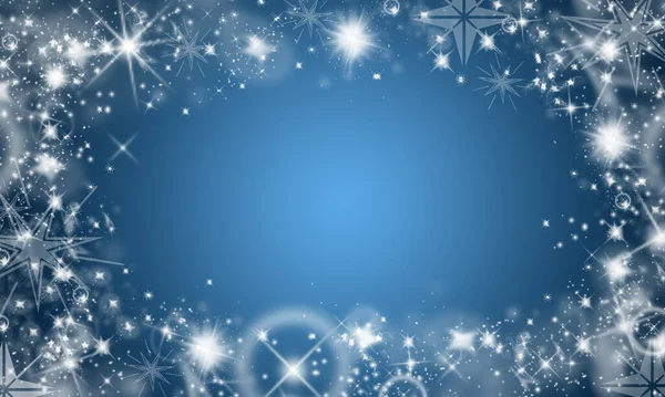 Fondo Navideño Color Azul Con Copos Nieve Blancos Estrellas —  Fotos de Stock