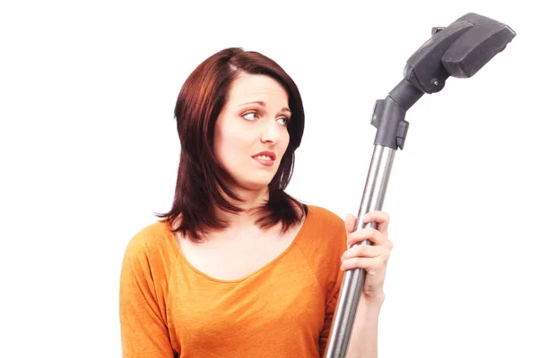 Young Woman Vacuum Cleaner White Background — Stock Photo, Image