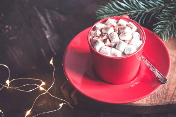 Bevanda Natale Cioccolata Calda Cacao Marshmallow Ramo Pino Natale Concetto — Foto Stock