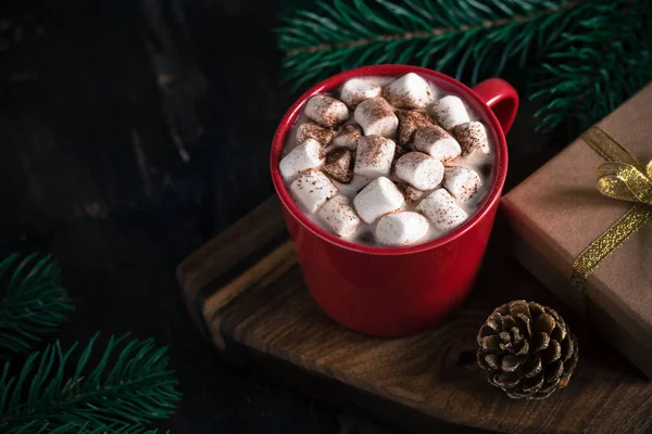 Bevanda Natale Cioccolata Calda Cacao Marshmallow Ramo Pino Natale Concetto — Foto Stock